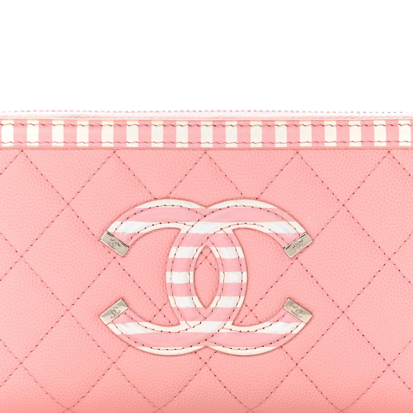 Caviar Quilted Stripe Filigree Zip Around Wallet Pink White