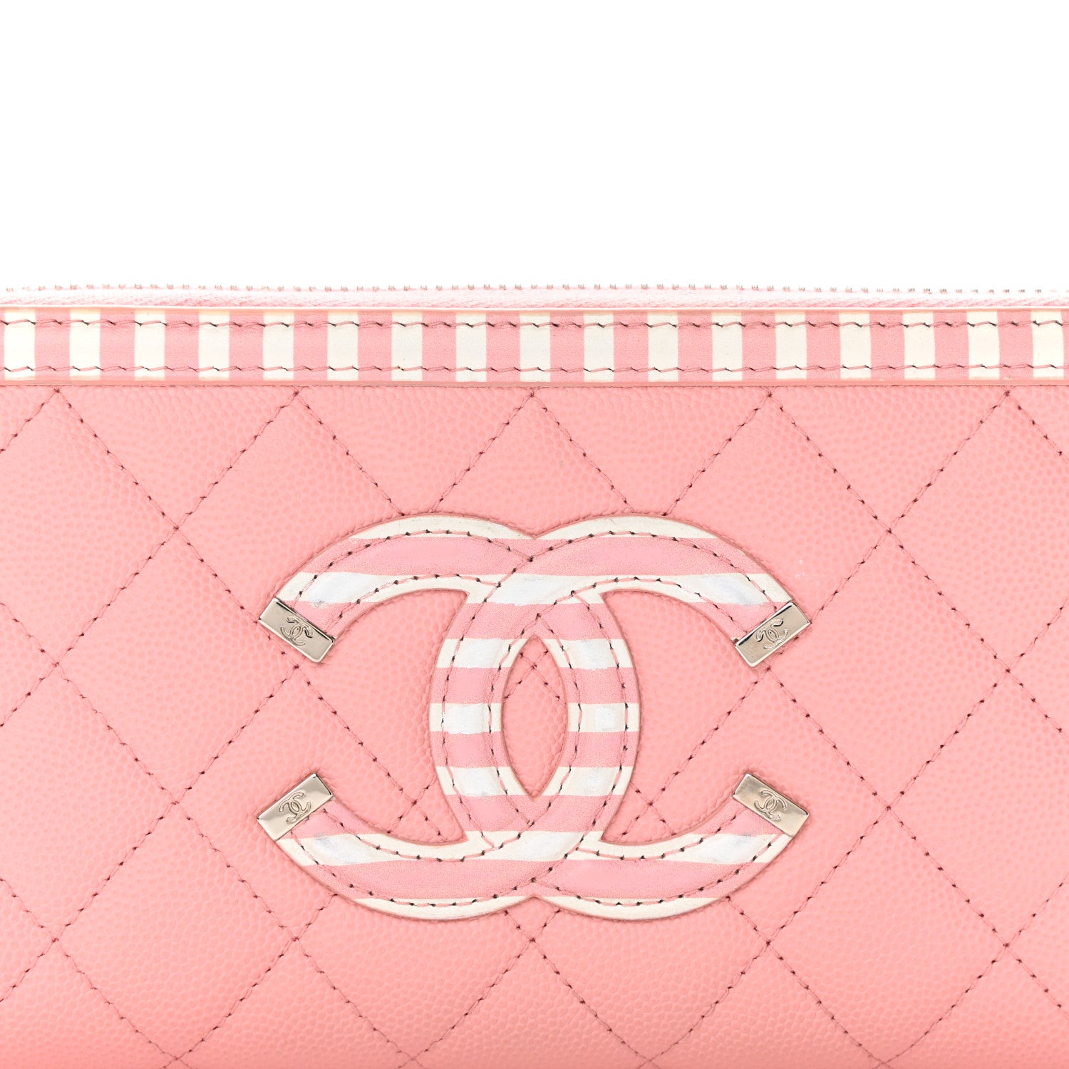 Chanel Caviar Quilted Stripe Filigree Zip Around Wallet Pink White 9 of 12