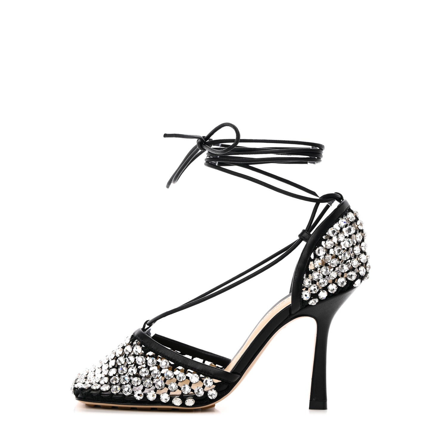 Mesh Nappa Crystal Embellished Sparkle Stretch Ankle Tie Sandals 35 Black