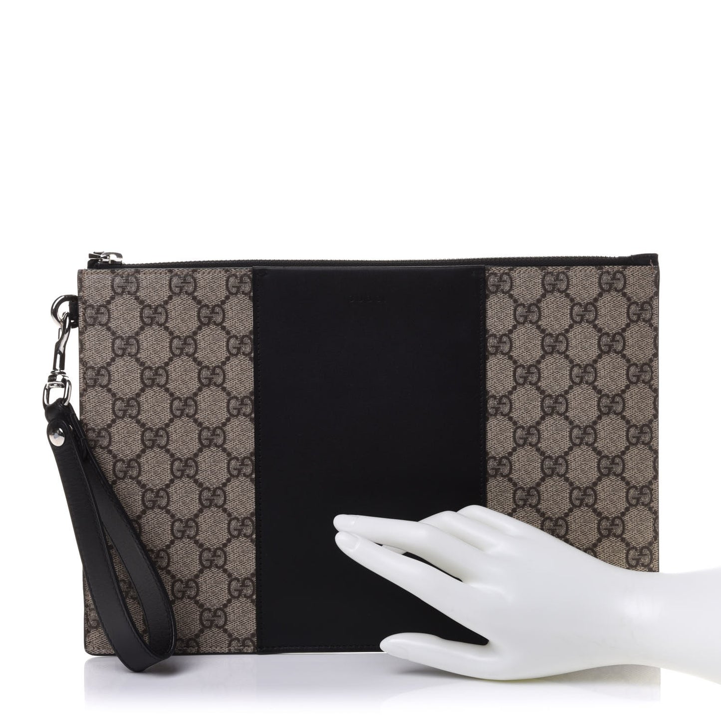 GG Supreme Monogram Zip Wristlet Pouch Beige Black
