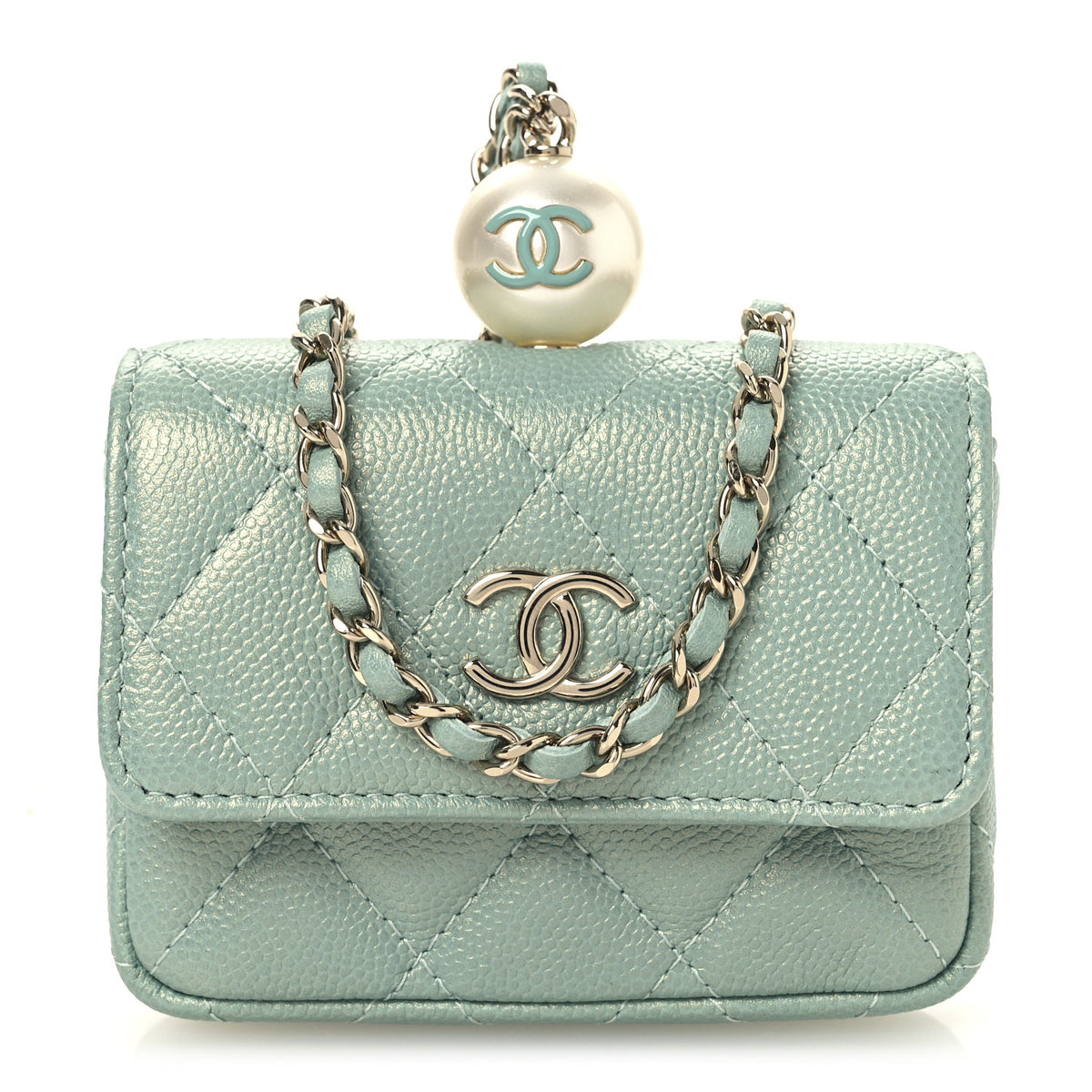 Chanel Iridescent Caviar Quilted Pearl On Top Coin Purse With Chain Light Green 1 of 12