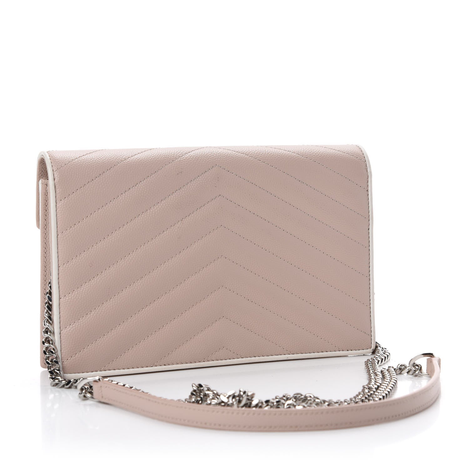 Saint Laurent Grain De Poudre Matelasse Chevron Monogram Envelope Chain Wallet Pink White 3 of 12