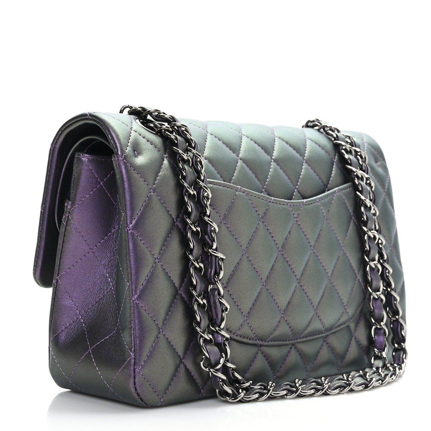 Iridescent Lambskin Quilted Medium Double Flap Dark Purple