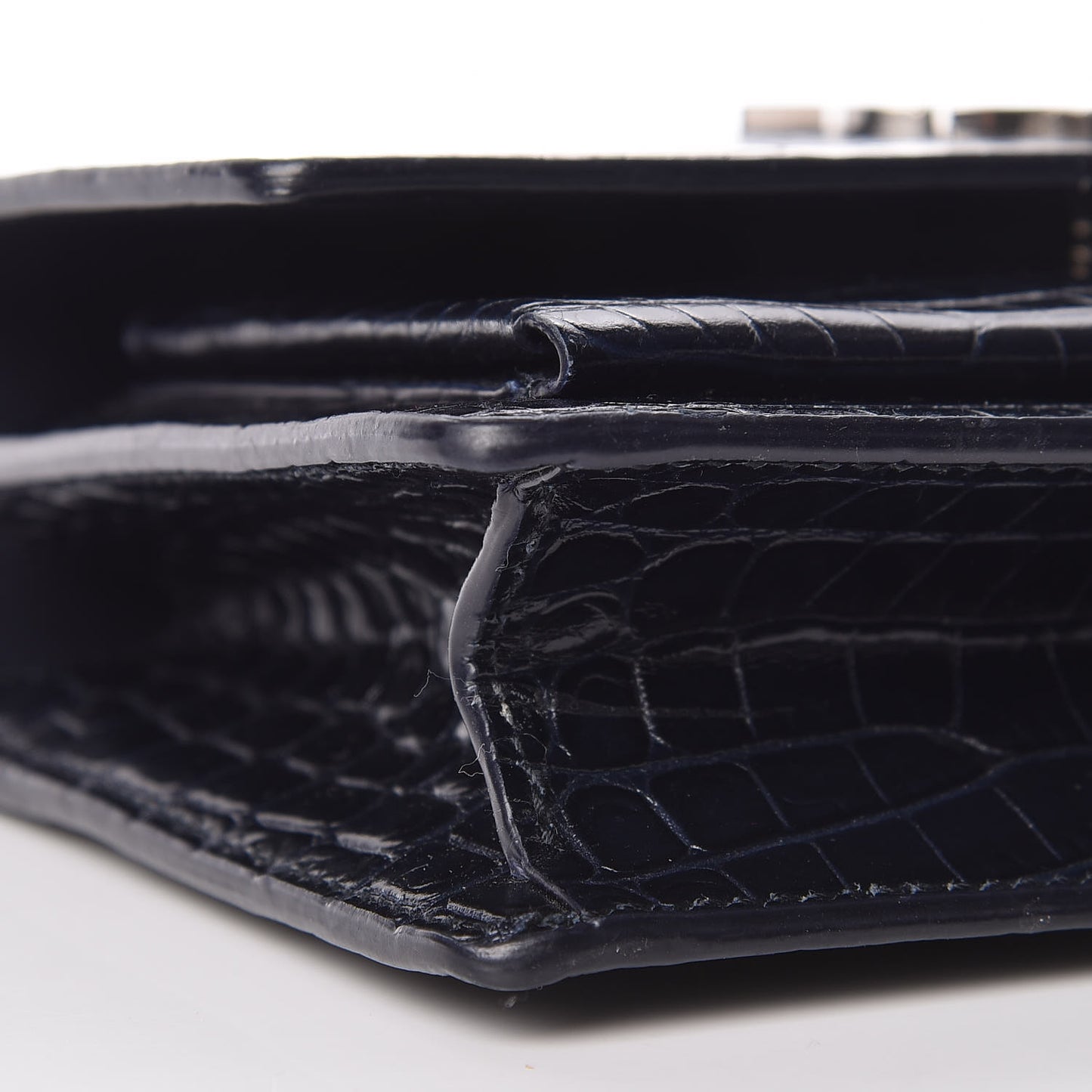 Calfskin Crocodile Embossed Monogram Sunset Chain Wallet Navy