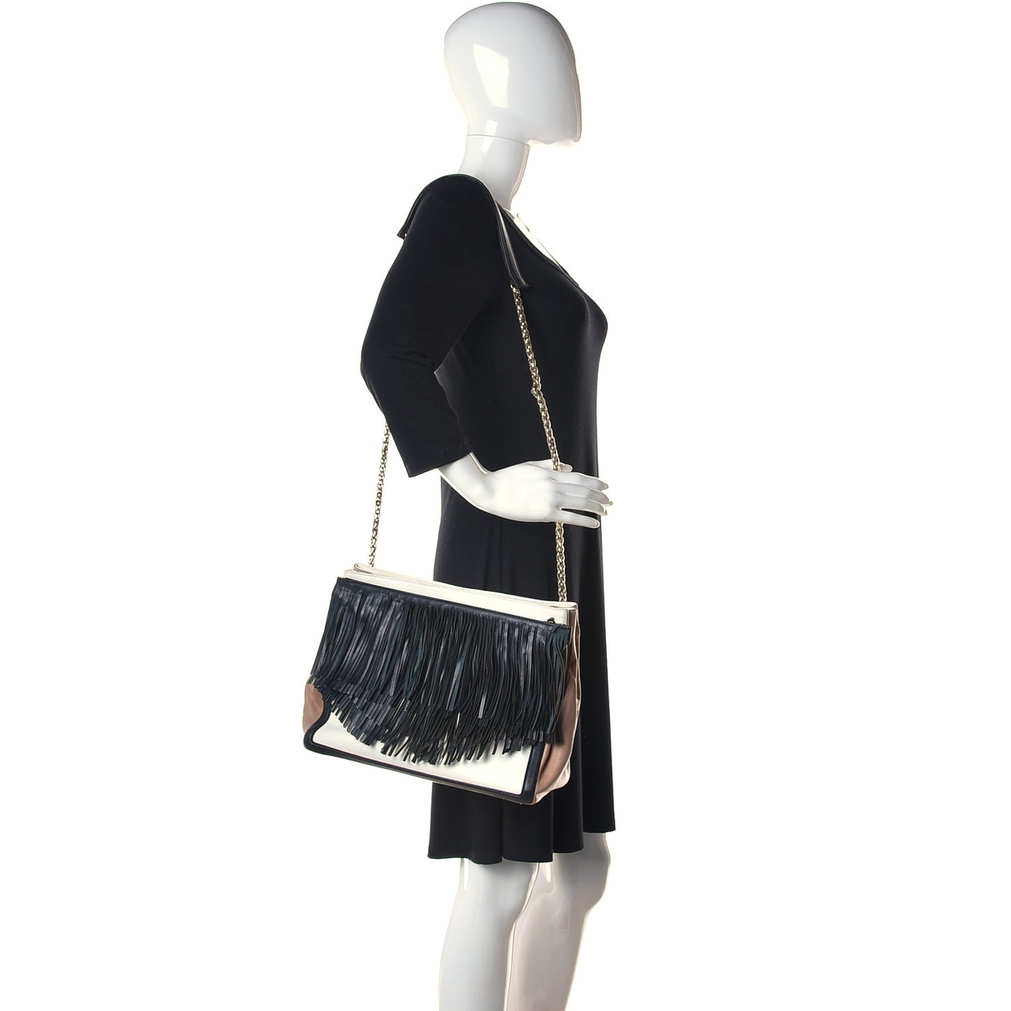 Grained Calfskin Artemis Fringe Shopping Tote White Black