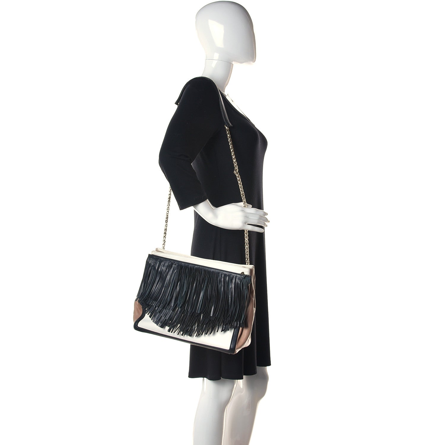 Christian Louboutin Grained Calfskin Artemis Fringe Shopping Tote White Black 3 of 16