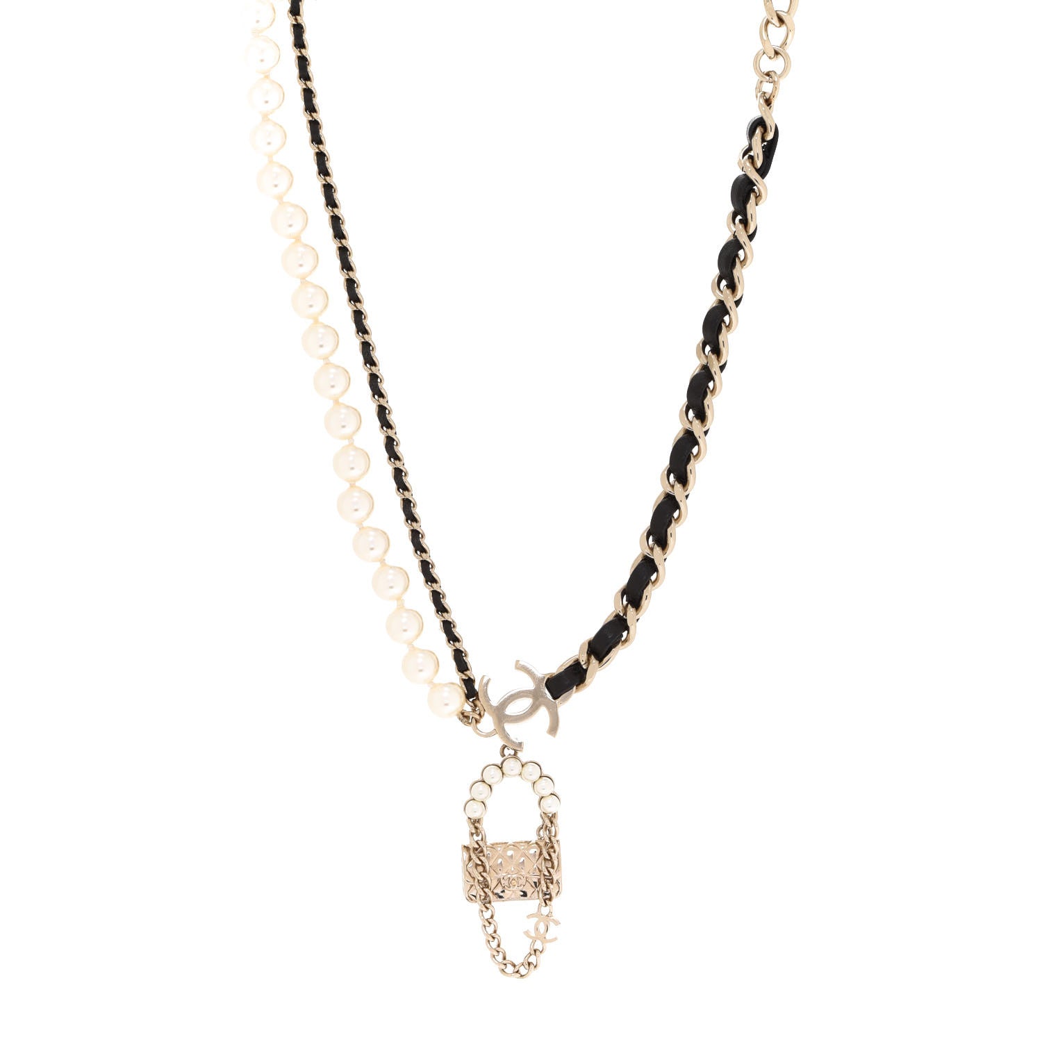 Chanel Lambskin Pearl Quilted Flap Necklace Gold Black Pearly White 1 of 6