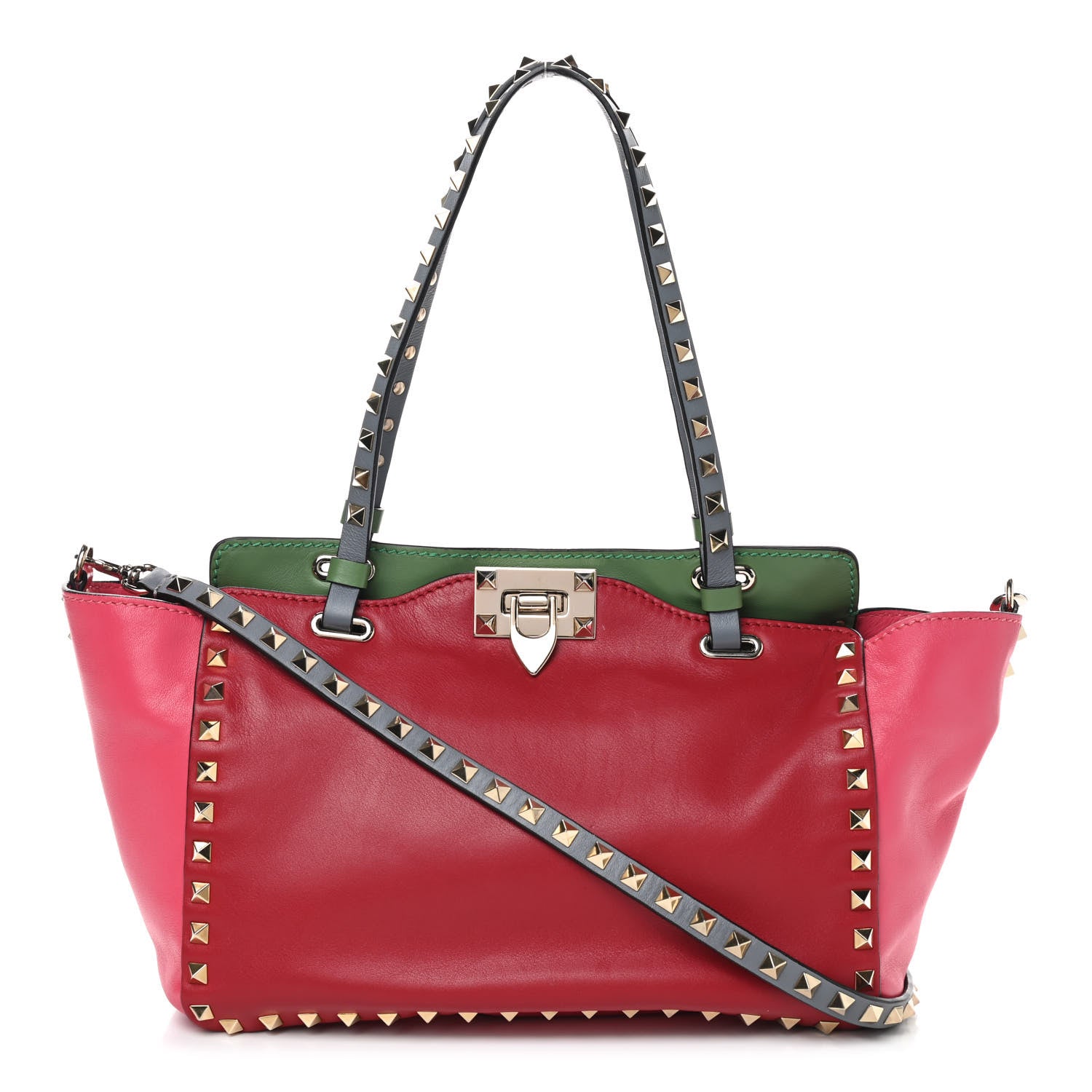 Valentino Garavani Vitello Colorblock Small Rockstud Tote Deep Rose Clover Grey Scarlet 1 of 9