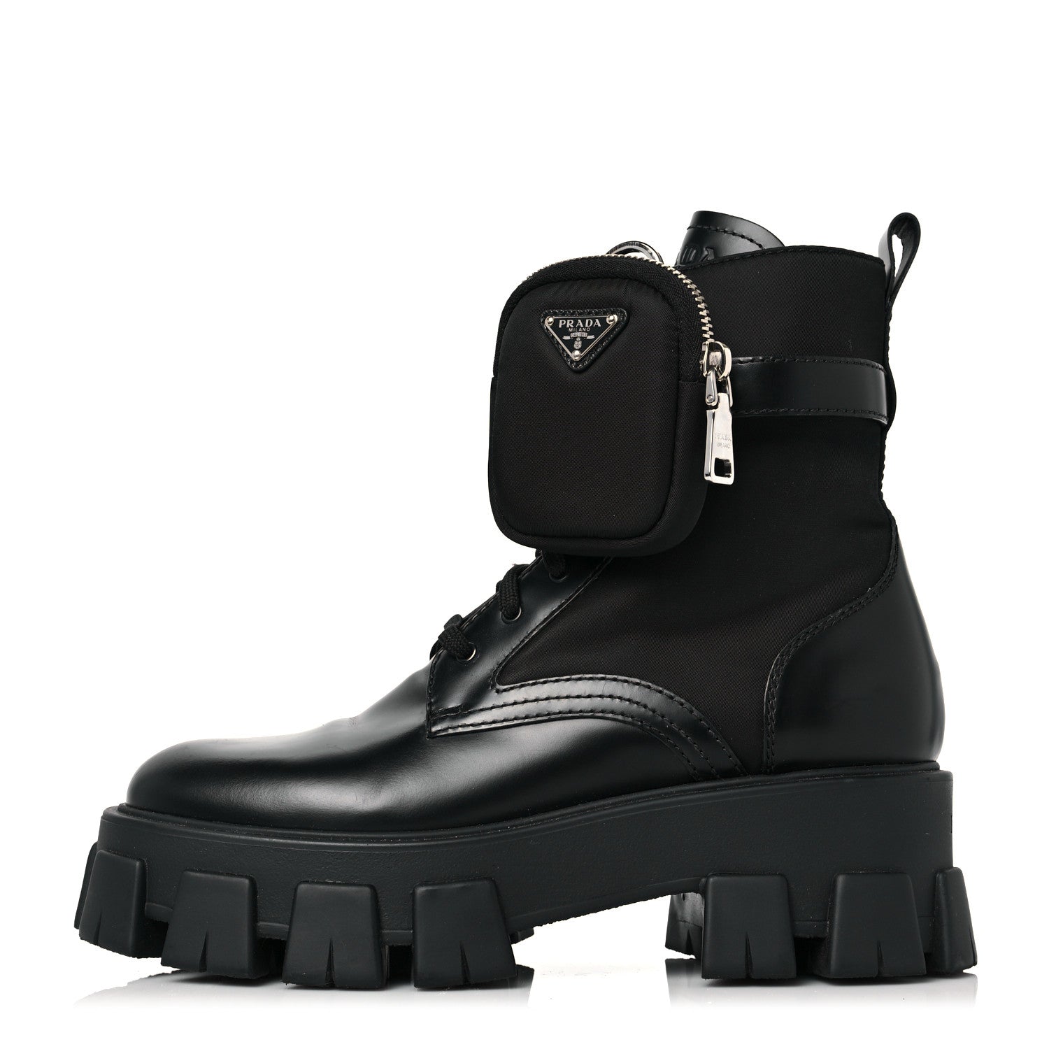 Prada Spazzolato Rois Nylon Metal Triangle Logo Monolith Pouch Pocket 55mm Boots 38.5 Black 1 of 6