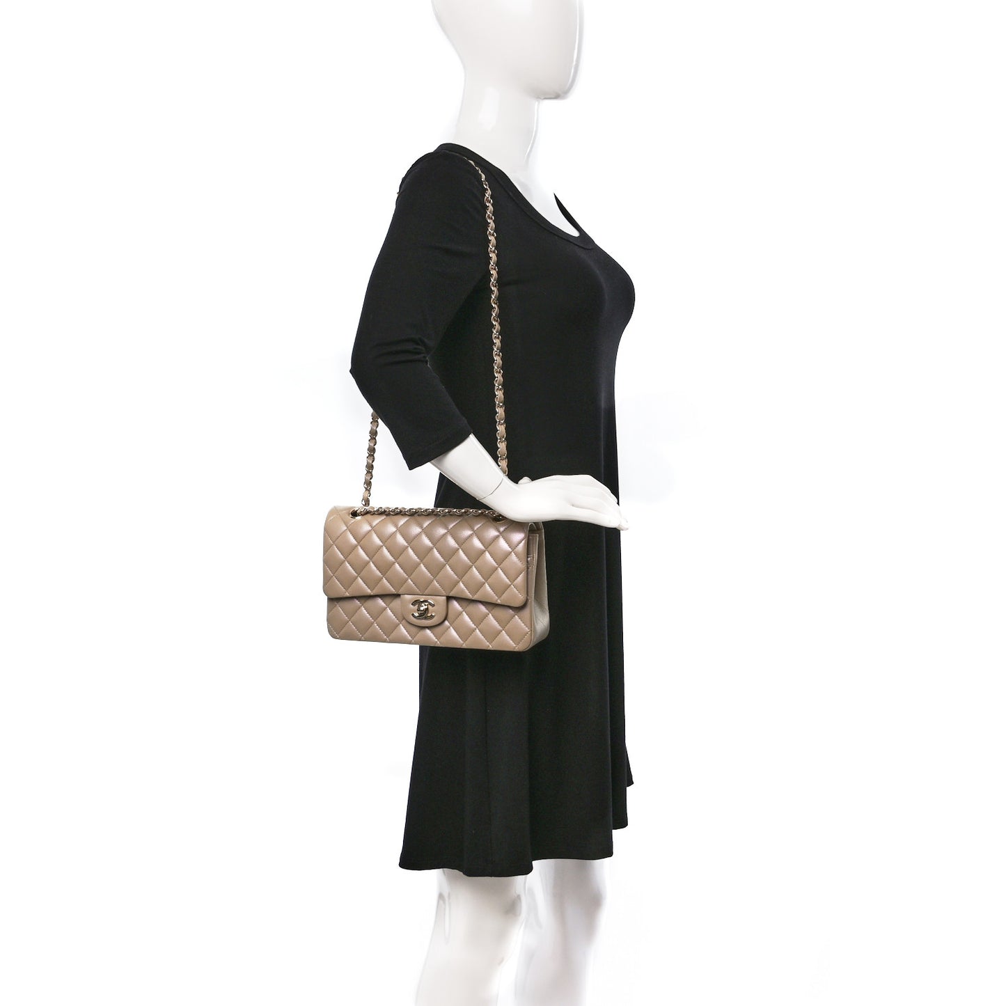 Iridescent Caviar Quilted Medium Double Flap Dark Beige