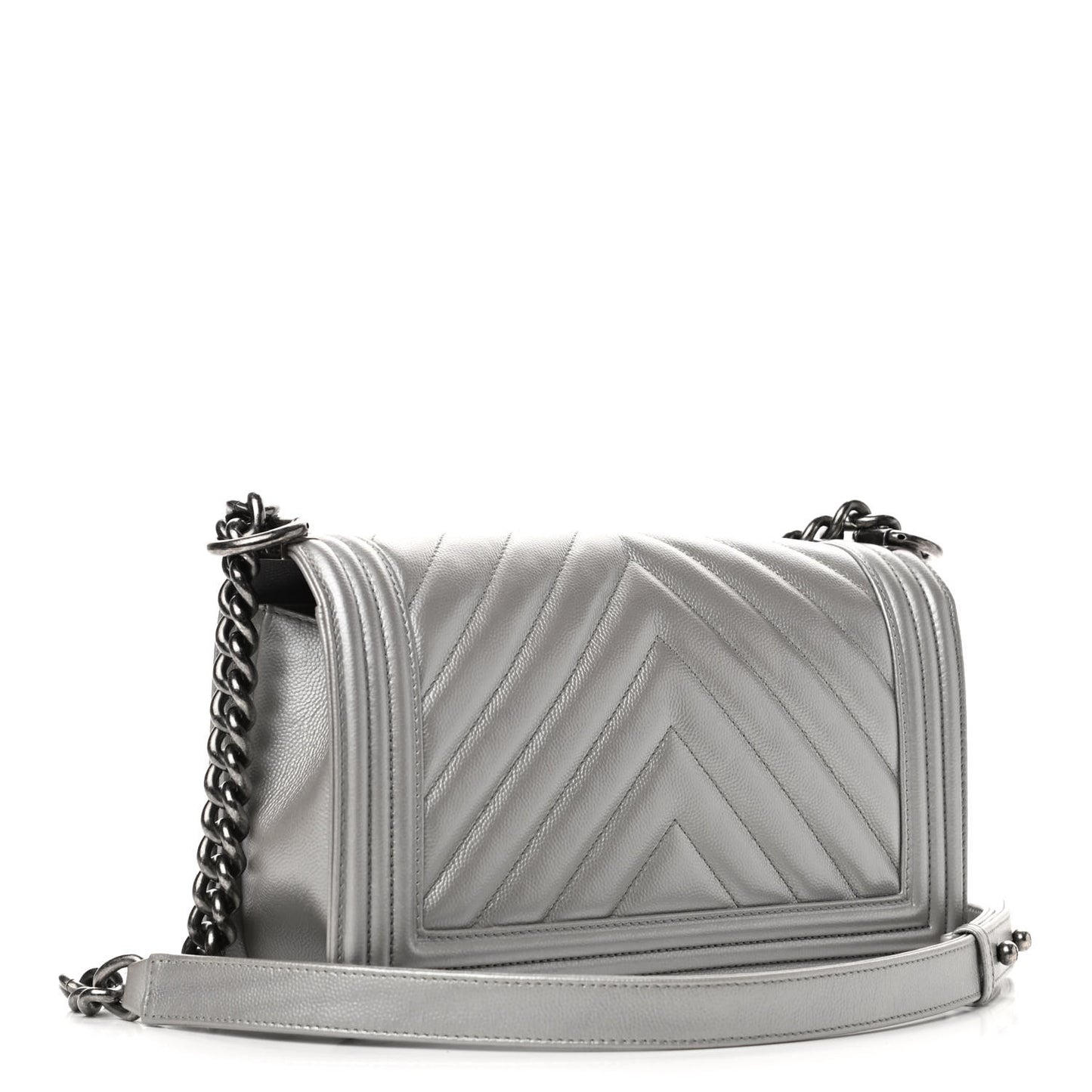 Metallic Caviar Chevron Quilted Medium Boy Flap Silver