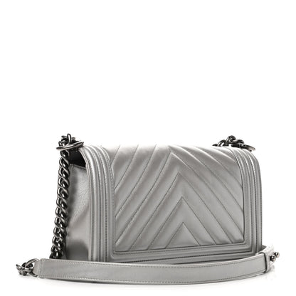 Chanel Metallic Caviar Chevron Quilted Medium Boy Flap Silver 2 of 4