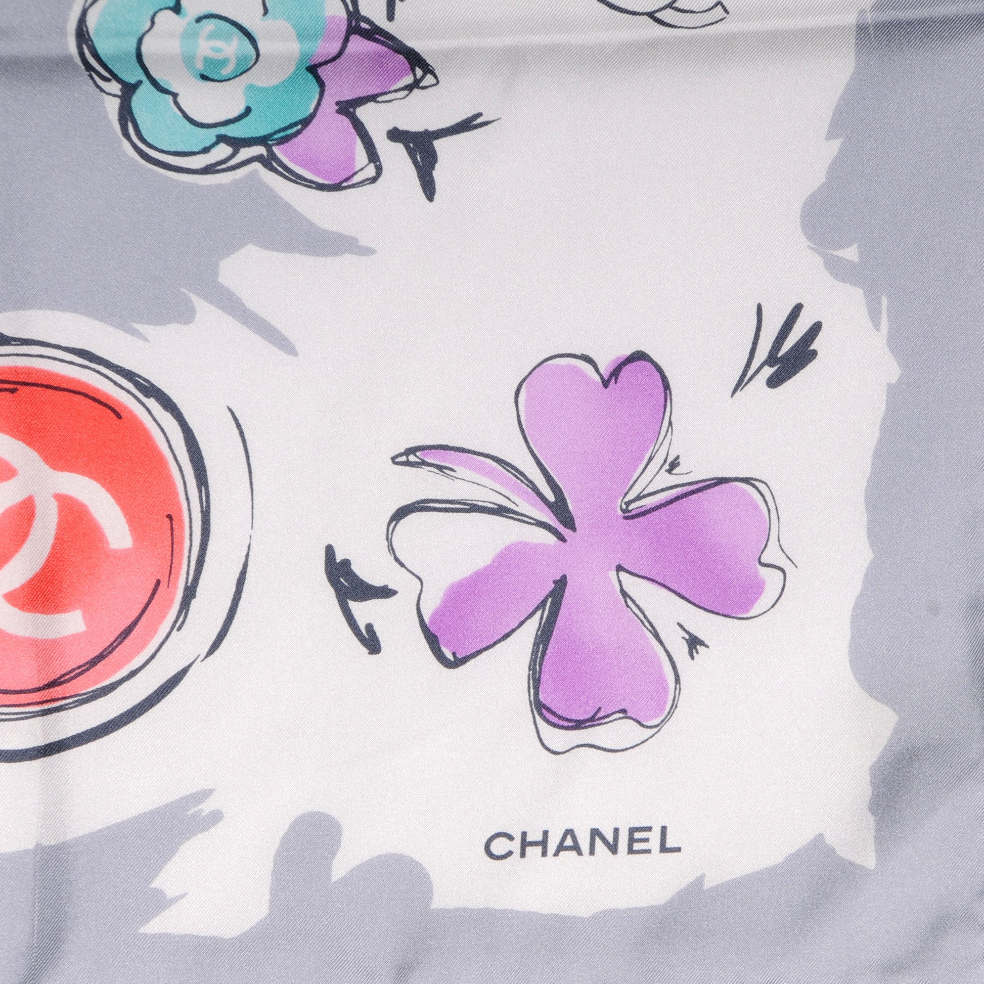 Chanel Silk CC Camellia Clover Heart Scarf Grey 3 of 5