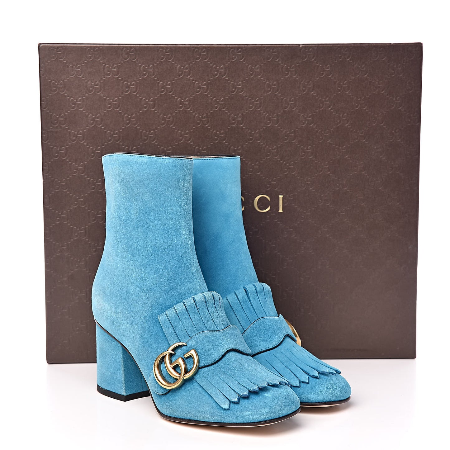 Kid Scamosciato GG Marmont Fringe 75mm Ankle Boots 35.5 New Bright Turquoise