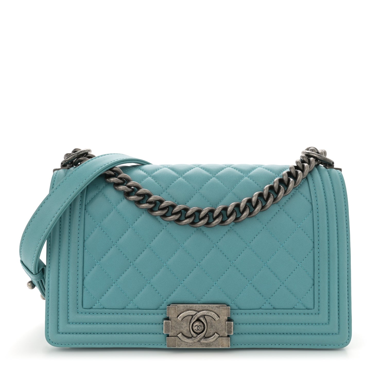 Calfskin Quilted Medium Boy Flap Turquoise