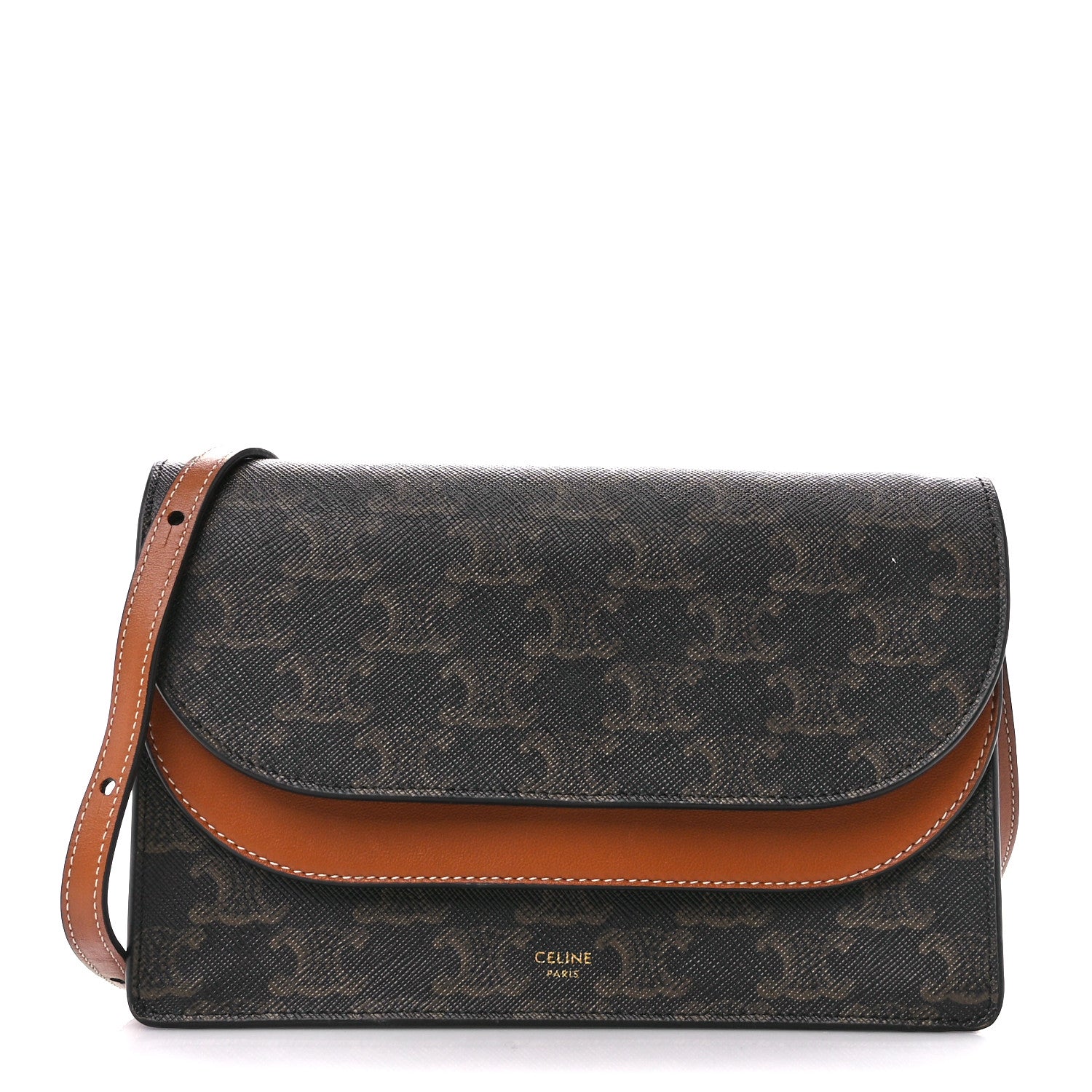 Celine Triomphe Canvas Lambskin Wallet On Strap Tan 1 of 14