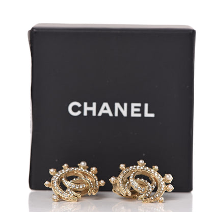 Chanel Crystal Pearl CC Crescent Moon Clip On Earrings Gold 6 of 6