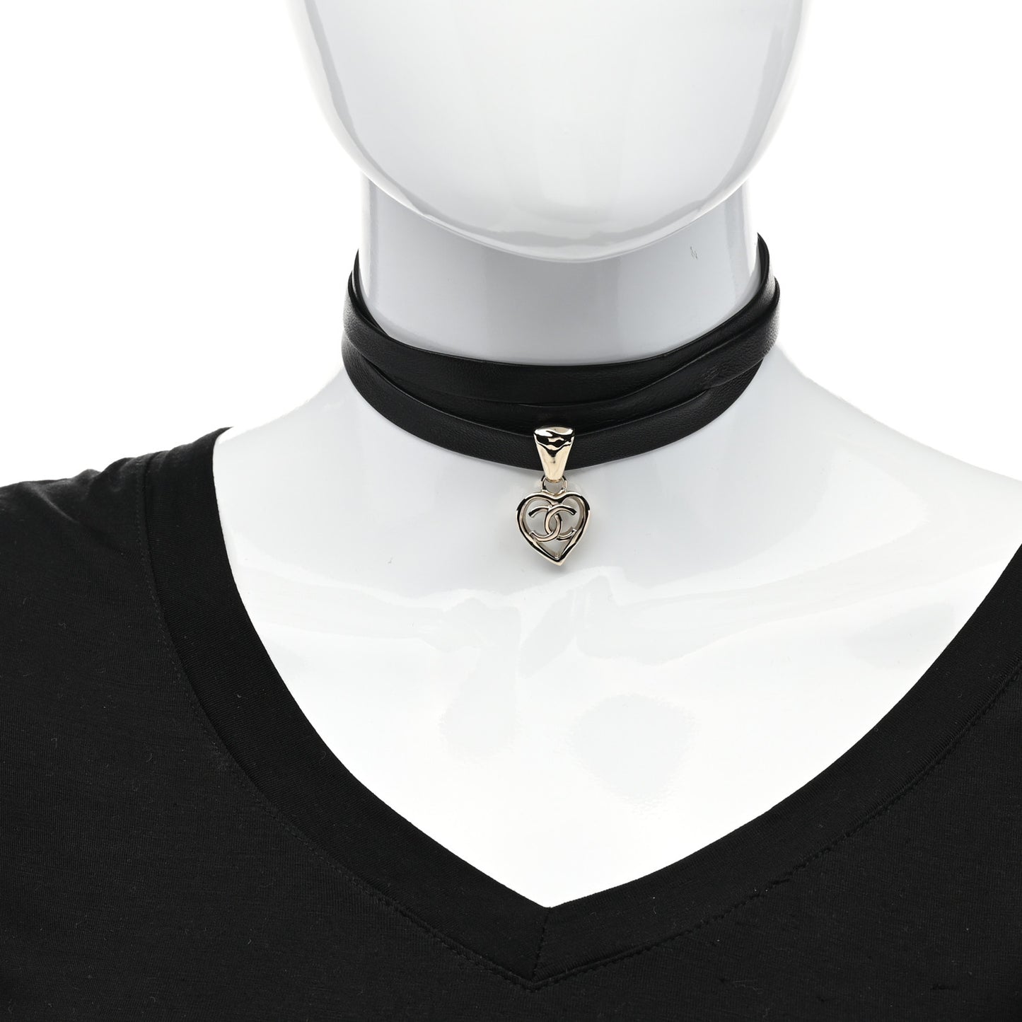 Lambskin CC Heart Choker Necklace Black