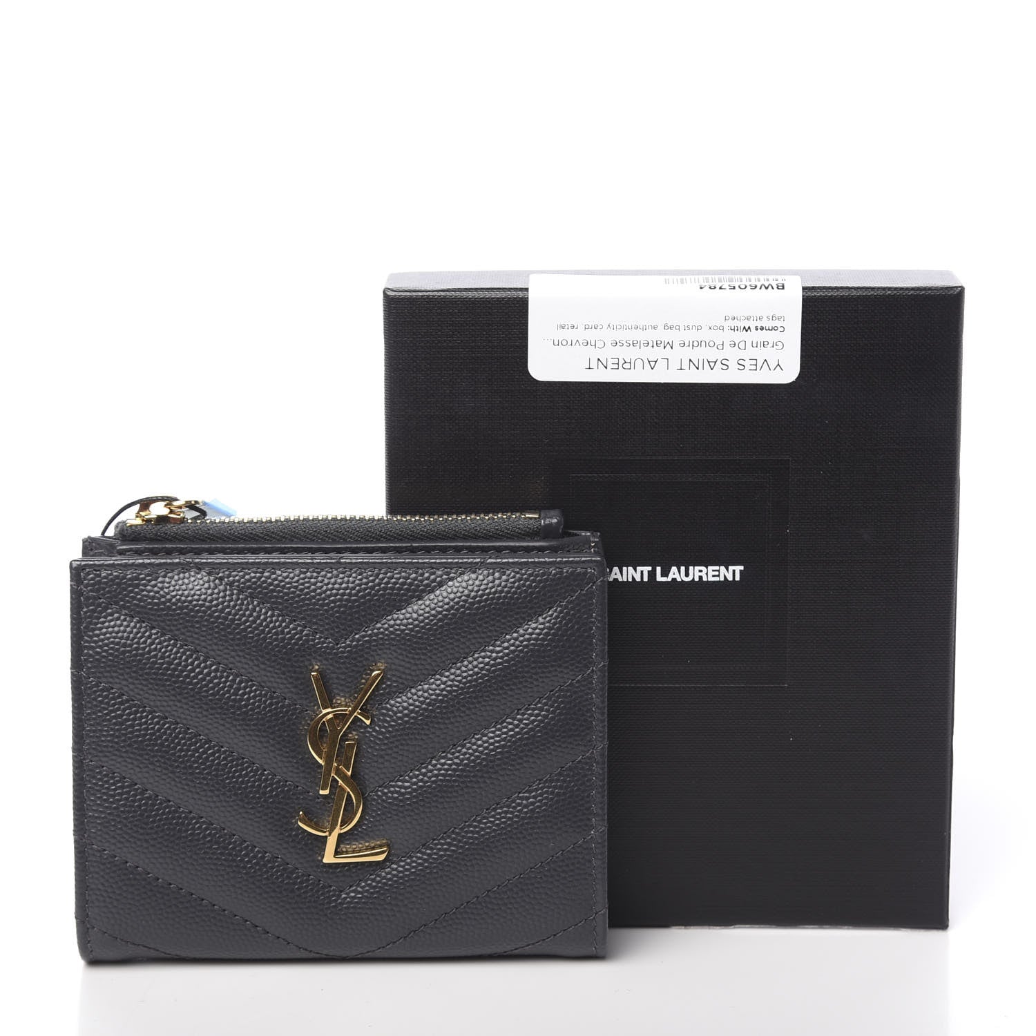 Saint Laurent Grain De Poudre Matelasse Chevron Monogram Zipped Card Case Dark Smog 8 of 8