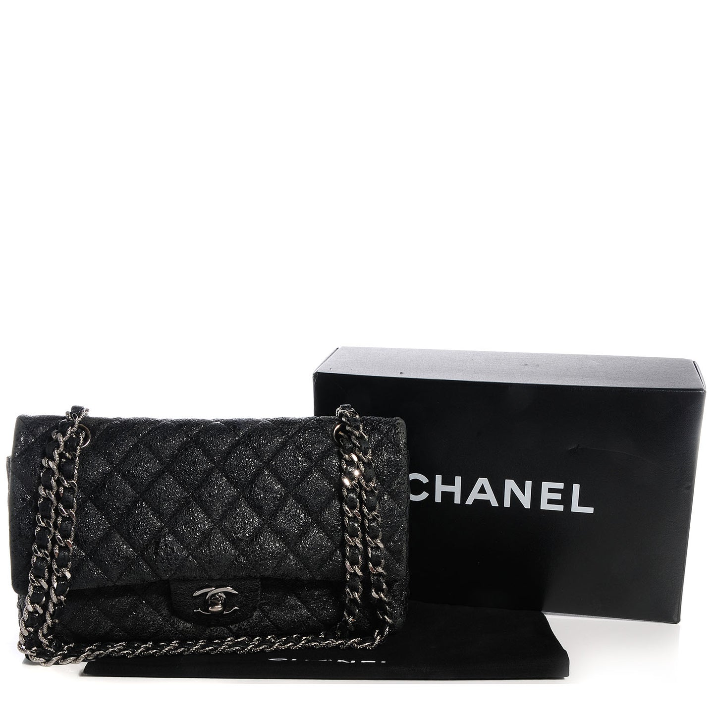 Crackled Calfskin Medium Double Flap Black