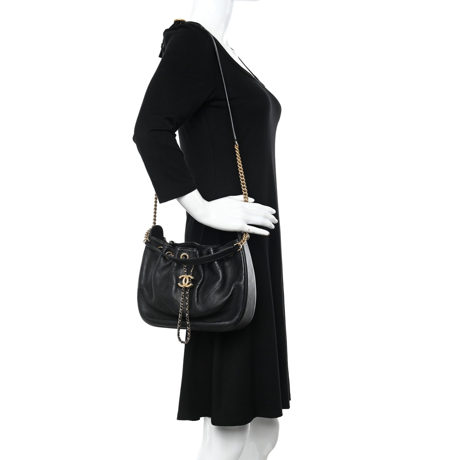 Chanel Grained Calfskin Chevron Drawstring Bucket Bag Black 2 of 12
