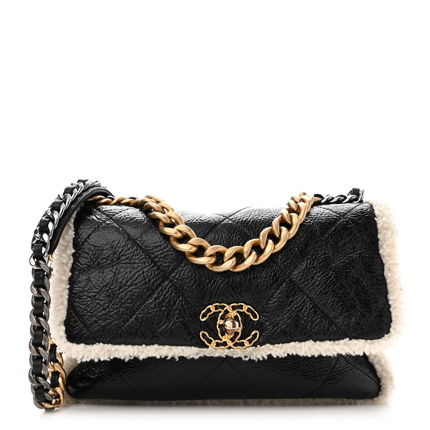 Chanel Crumpled Calfskin Shearling Sheepskin Quilted Large Chanel 19 Flap Black 1 of 10