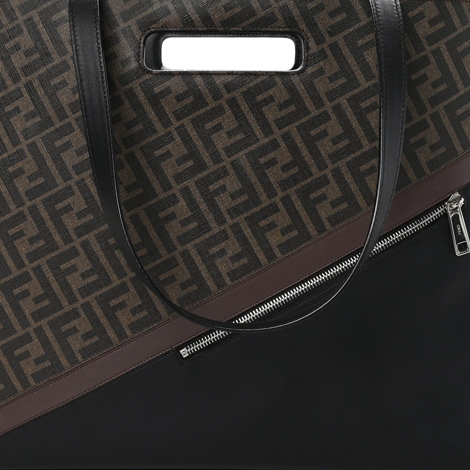 Fendi Glazed Fabric Vitello Liberty FF 1974 Diagonal East West Shopper Tote Tobacco Moresco Black 8 of 10