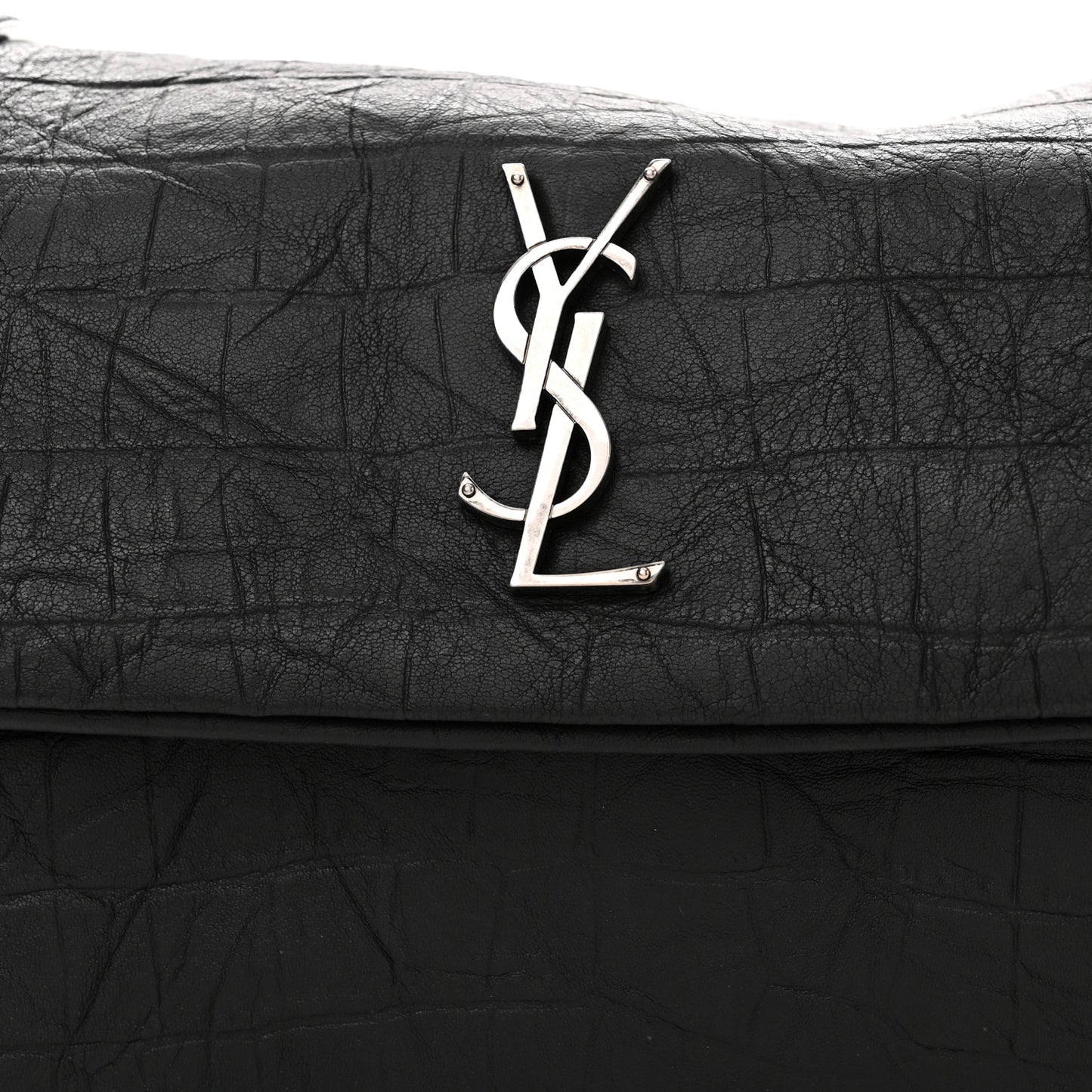 Calfskin Crocodile Embossed Medium West Hollywood Monogram Fold-Over Black