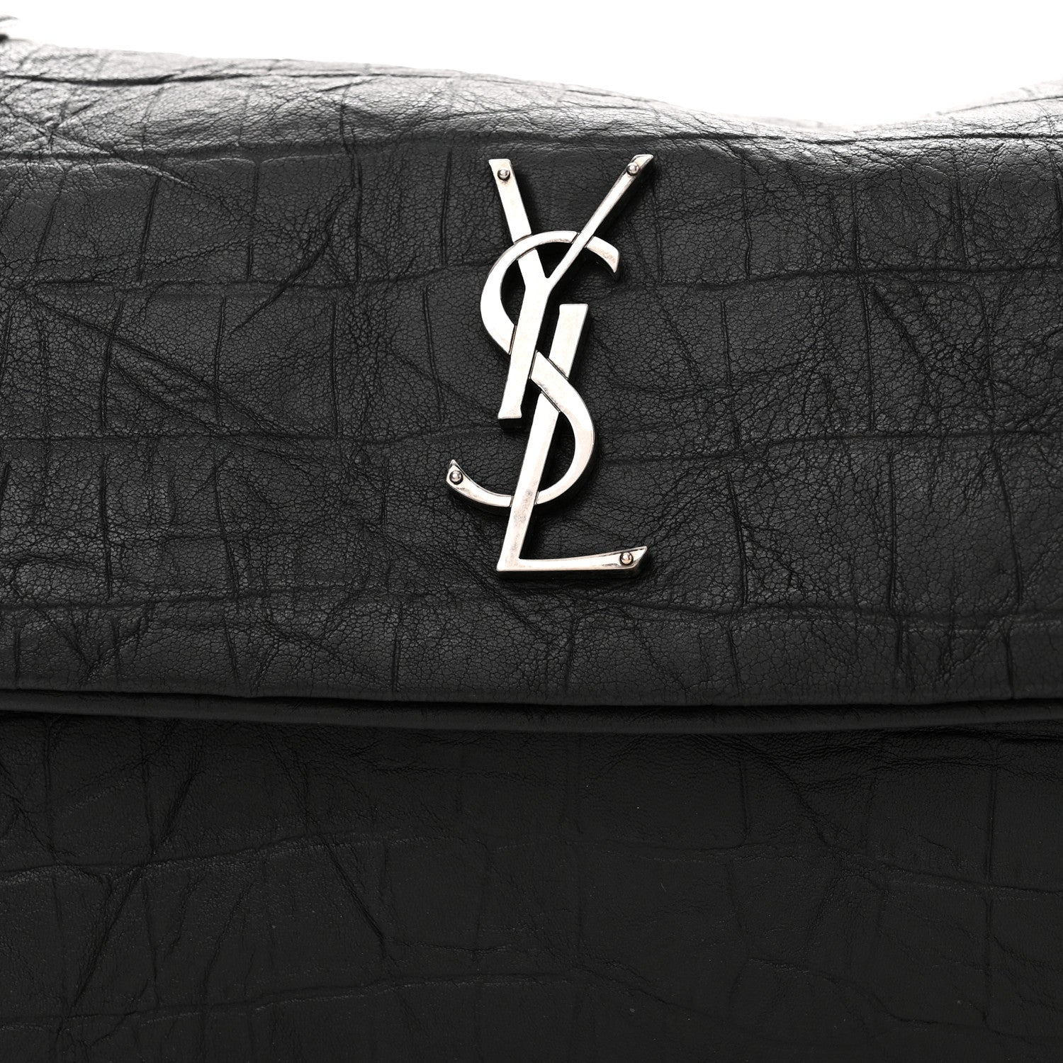 Saint Laurent Calfskin Crocodile Embossed Medium West Hollywood Monogram Fold-Over Black 9 of 11