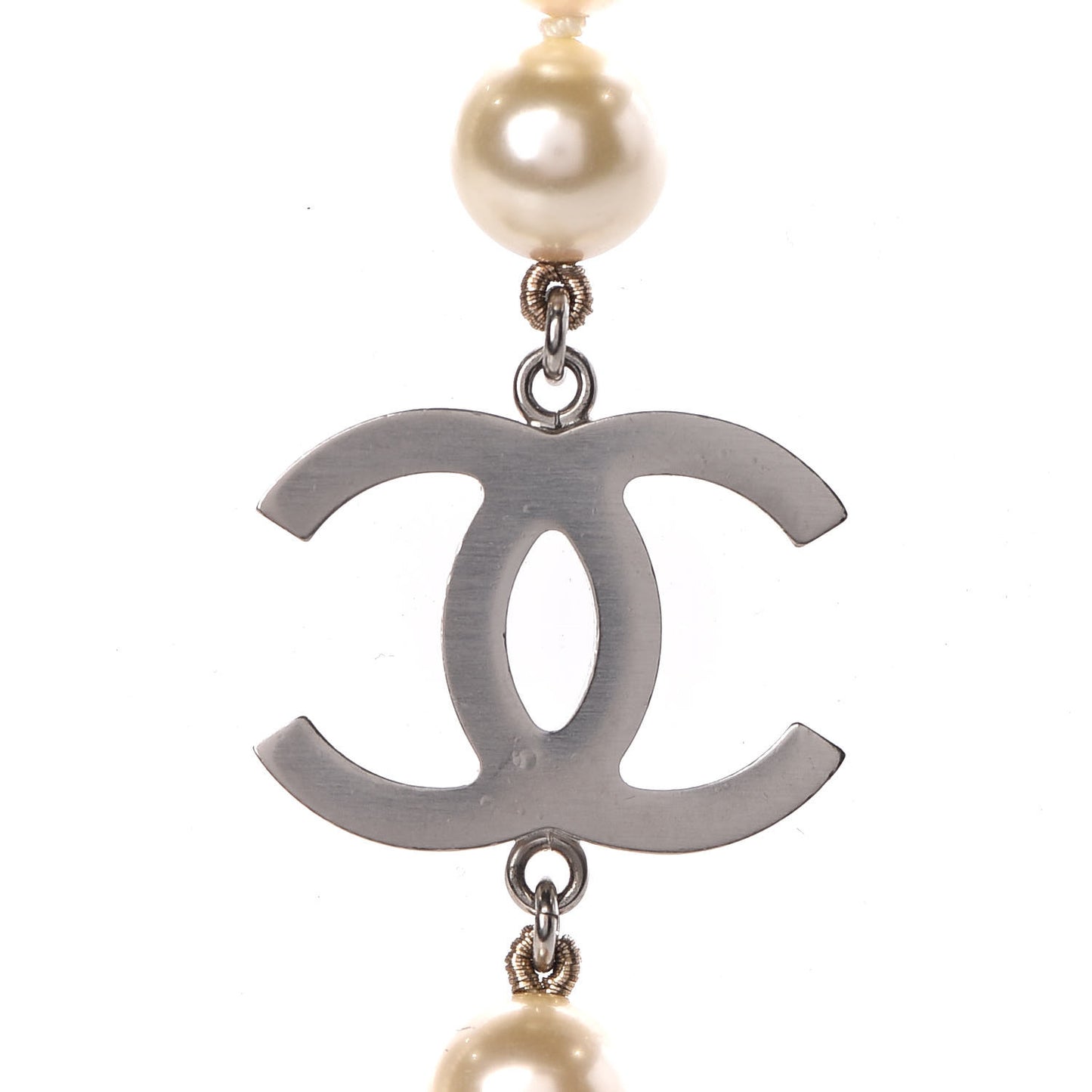 Pearl Bead CC Long Necklace Silver