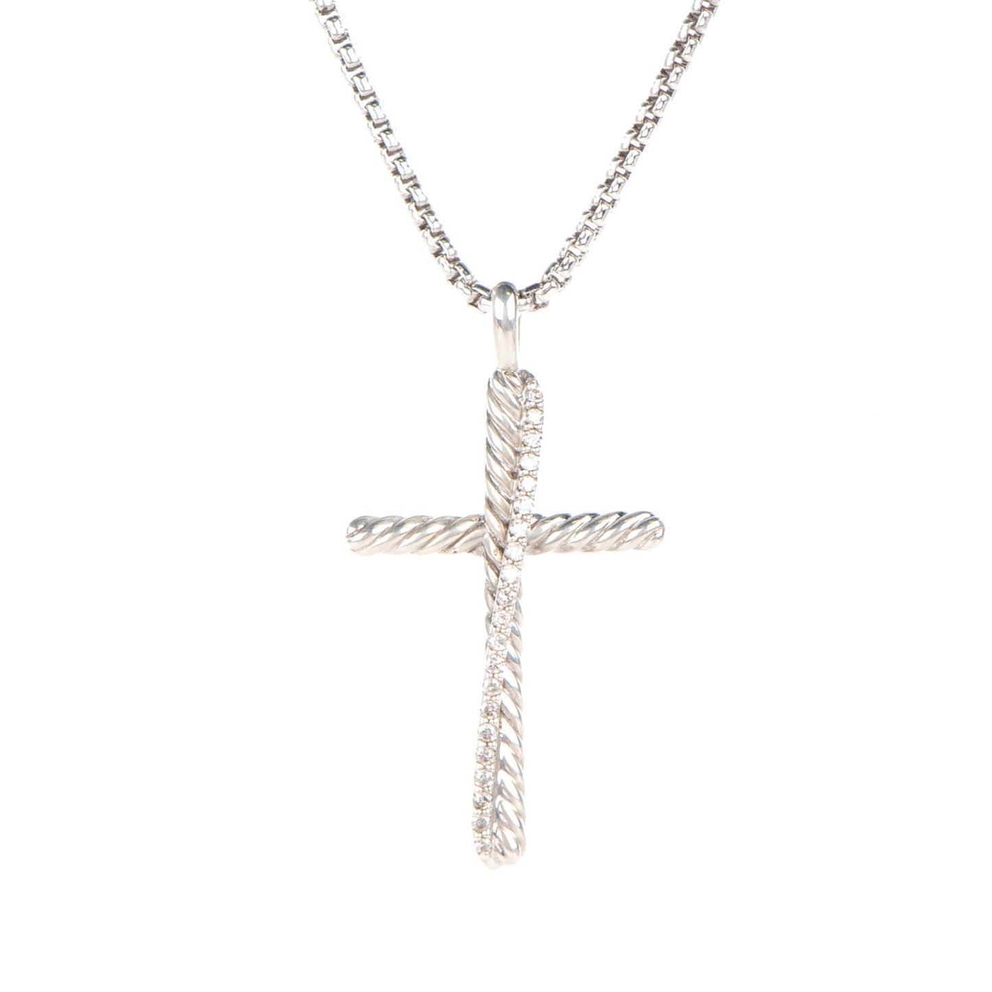 Sterling Silver Diamond Pave 29mm Crossover Cross Necklace