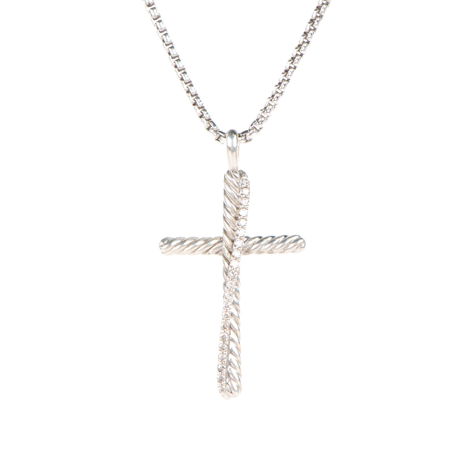 David Yurman Sterling Silver Diamond Pave 29mm Crossover Cross Necklace 3 of 6