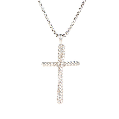 David Yurman Sterling Silver Diamond Pave 29mm Crossover Cross Necklace 3 of 6