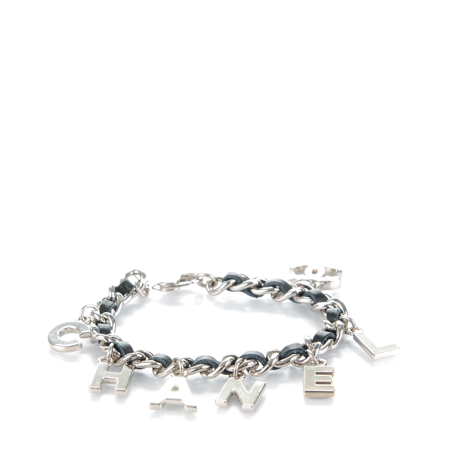 Lambskin Chain Logo Charms Bracelet Black Silver