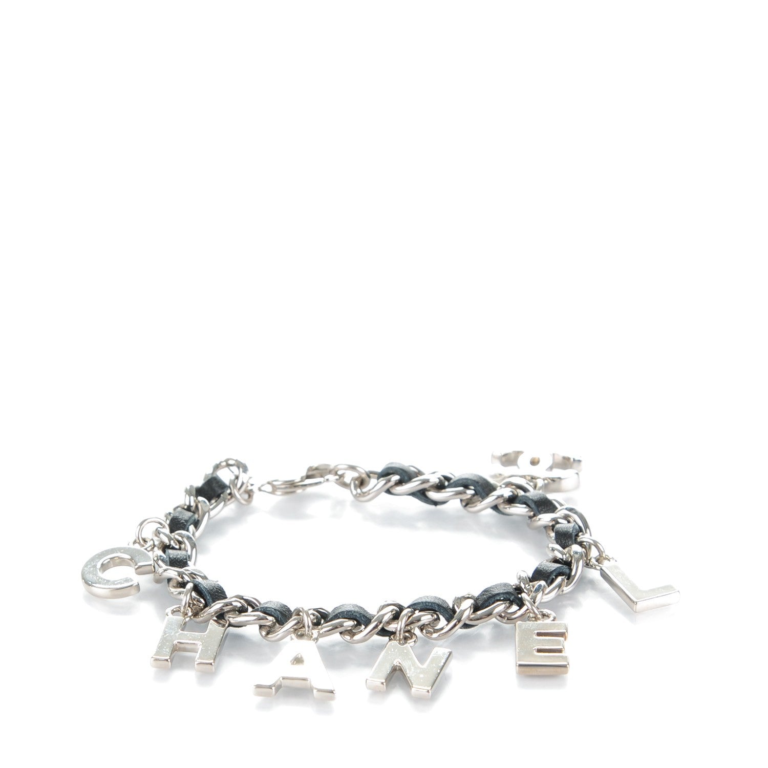 Chanel Lambskin Chain Logo Charms Bracelet Black Silver 1 of 5