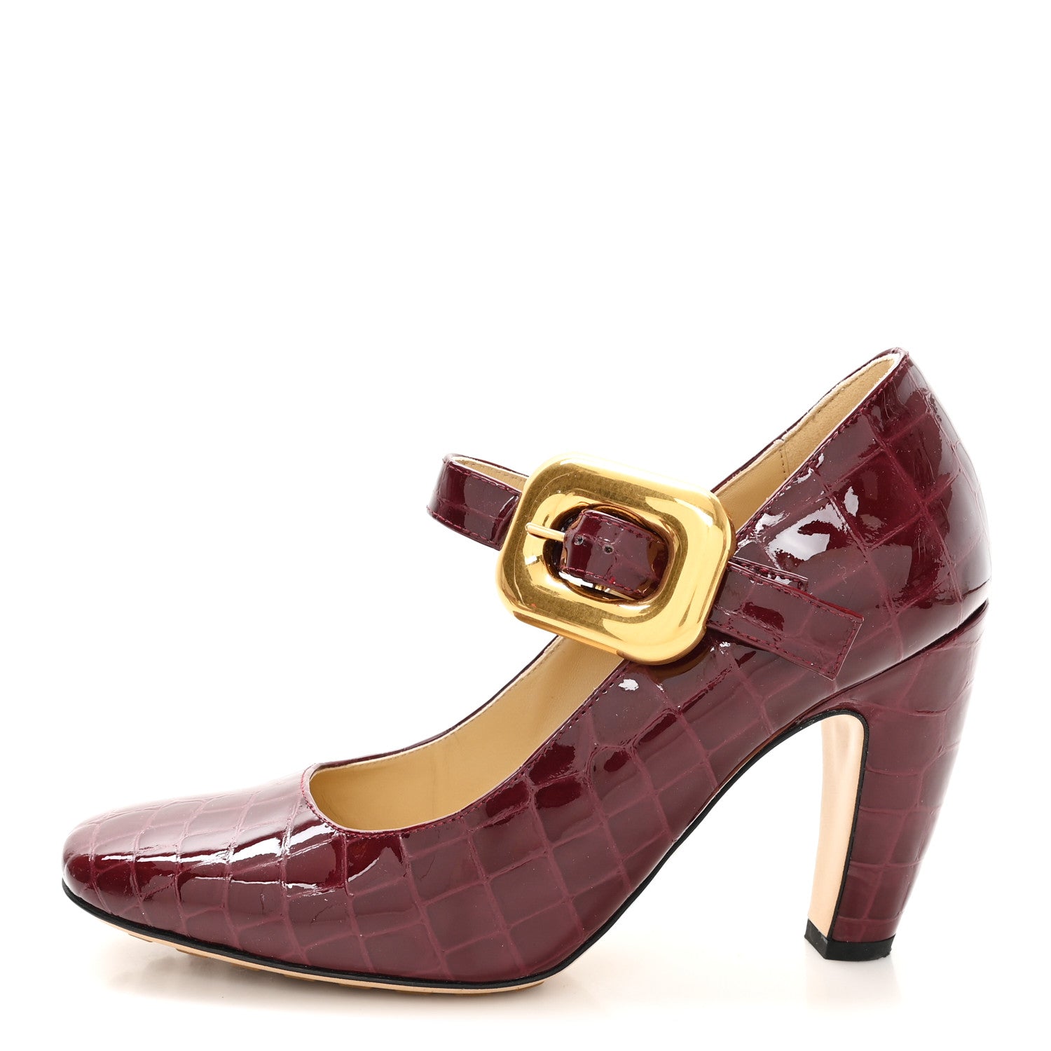Bottega Veneta Glossy Calfskin Crocodile Embossed Mostra Mary Jane 90 MM Pumps 37 Merlot 1 of 10
