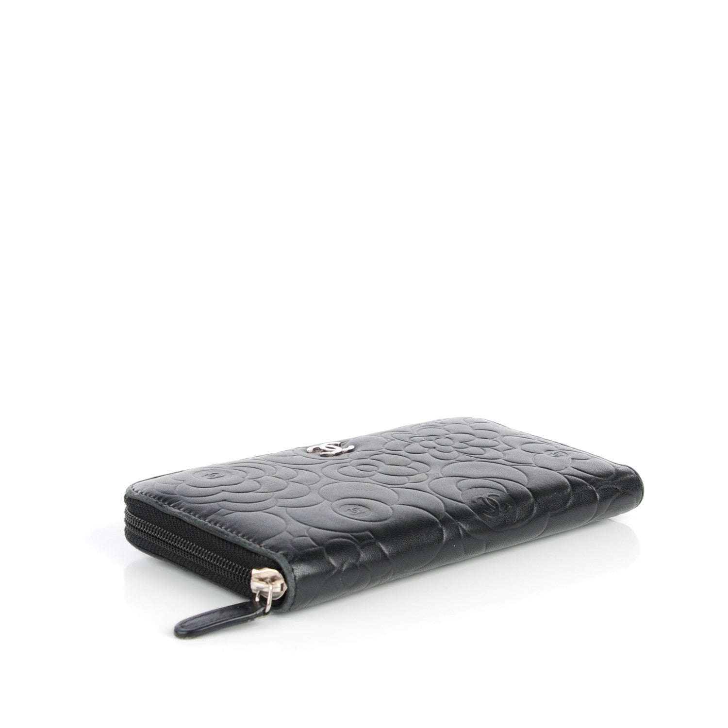 Chanel Lambskin Camellia Embossed Large Zip Around Gusset Wallet Black 4 of 12