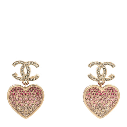 Chanel Crystal CC Resin Heart Drop Earrings Pink Gold 1 of 5