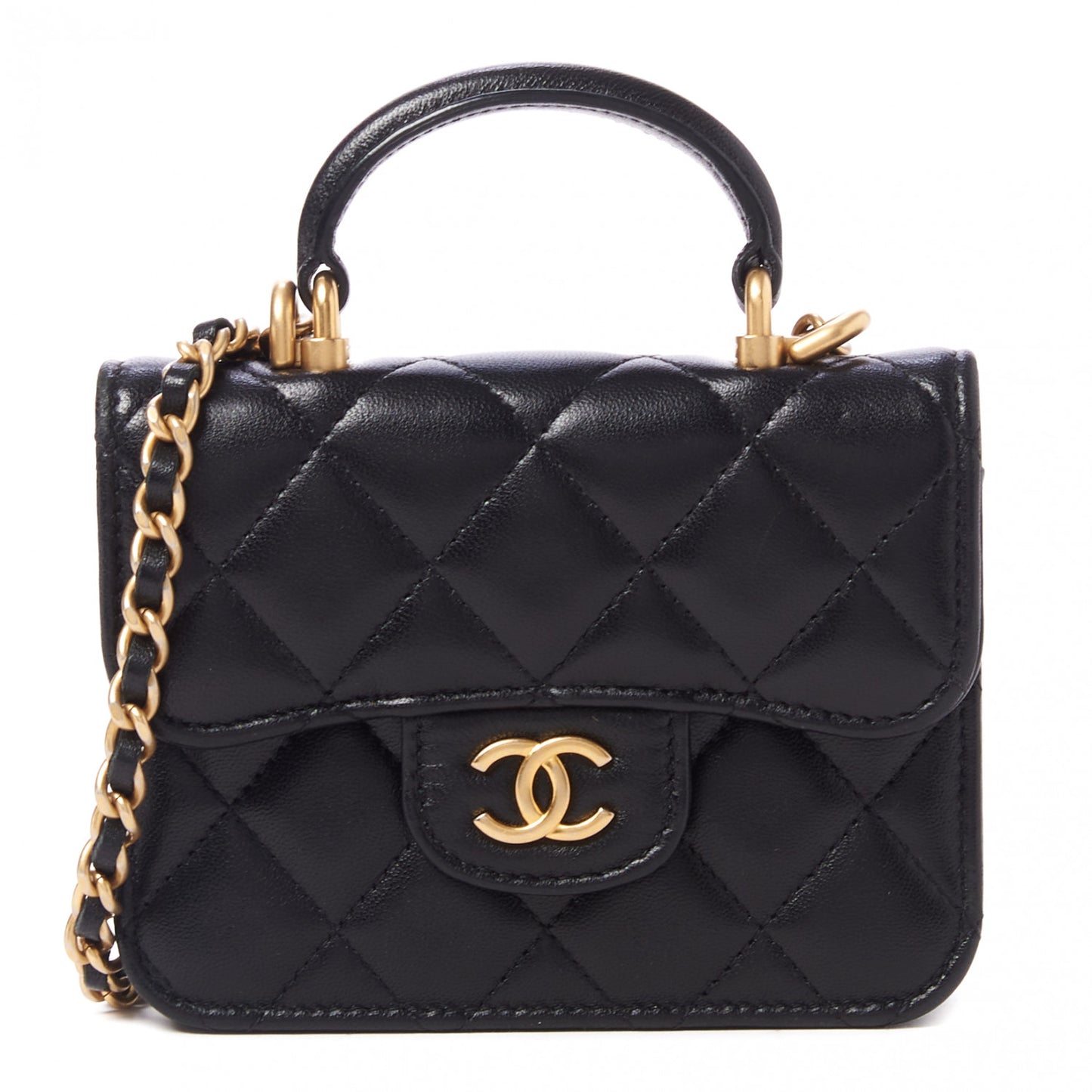 Lambskin Quilted Top Handle Flap Coin Purse With Chain Black