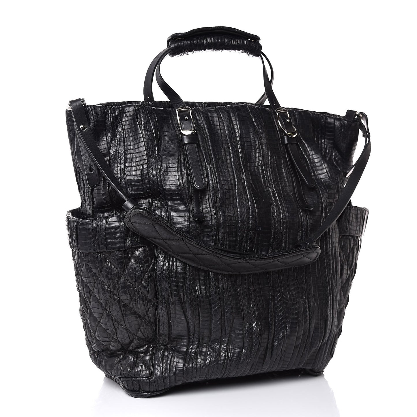 Waxed Snakeskin Chain Embellished Blare Tote Black