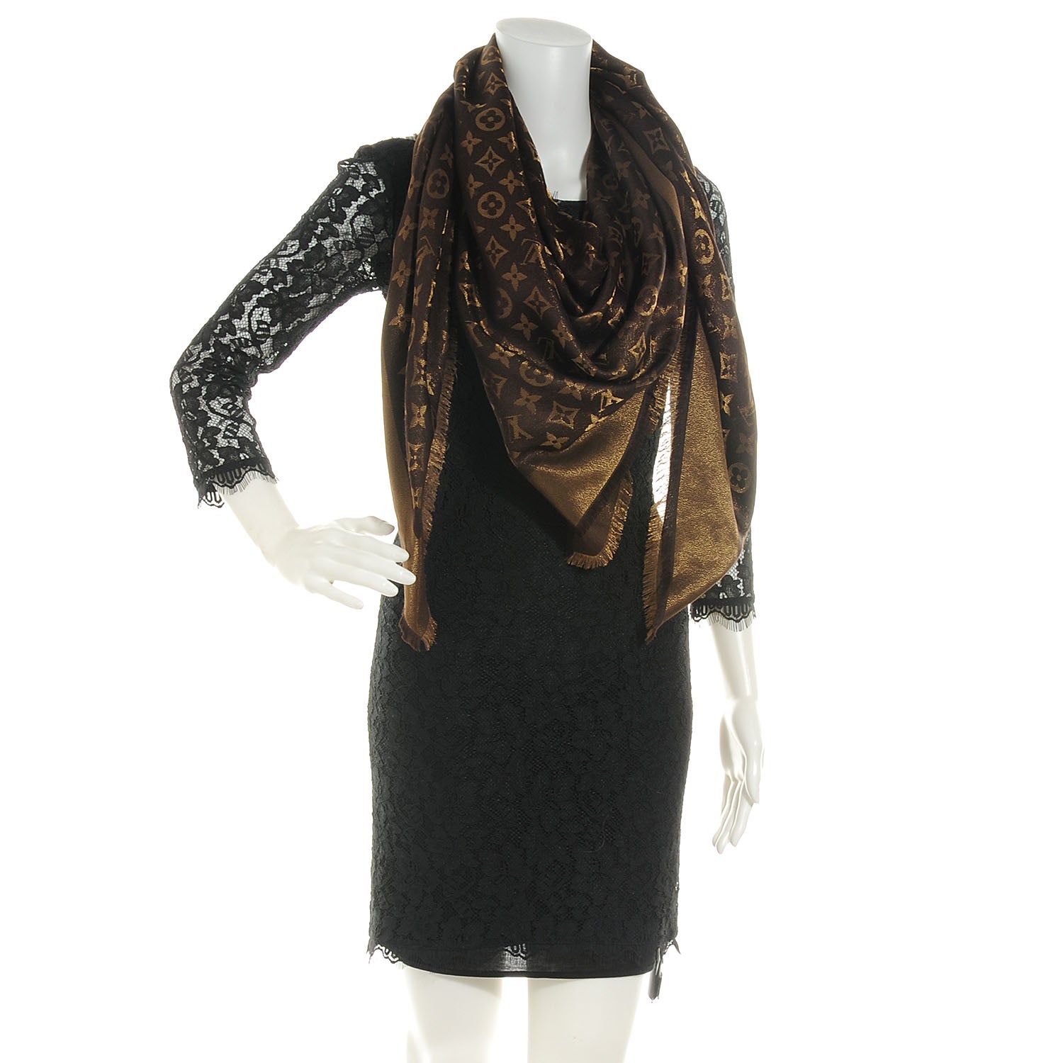 Louis Vuitton Silk Lurex Wool Monogram Shine Shawl Brown 2 of 6