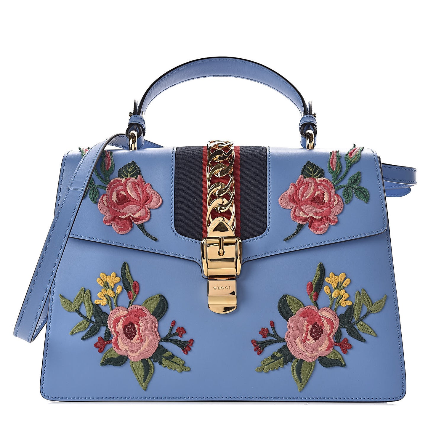 Calfskin Embroidered Medium Sylvie Top Handle Bag Clear Sky Blue