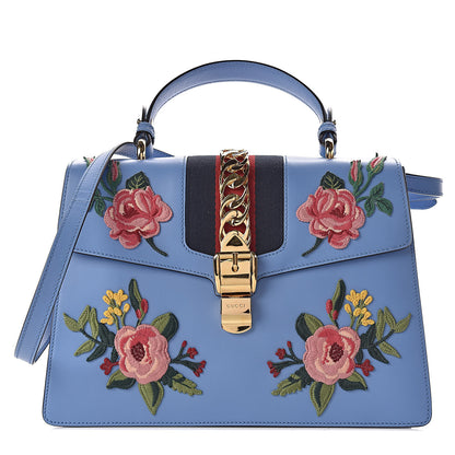 Gucci Calfskin Embroidered Medium Sylvie Top Handle Bag Clear Sky Blue 1 of 10