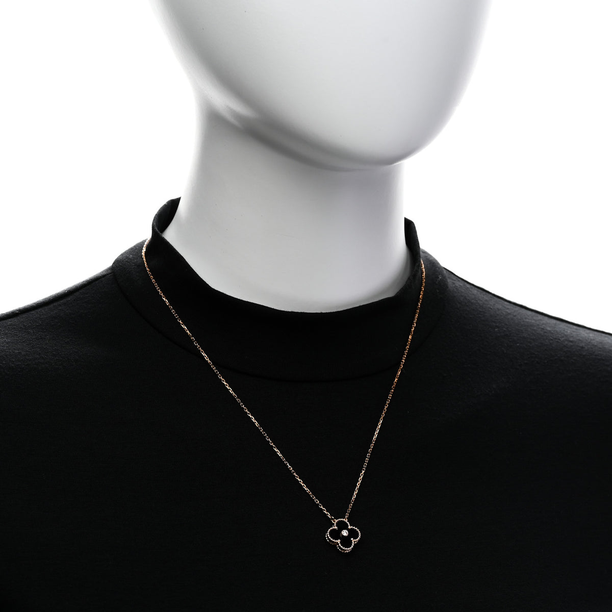 18K Rose Gold Diamond Black Onyx Vintage Alhambra Pendant Necklace