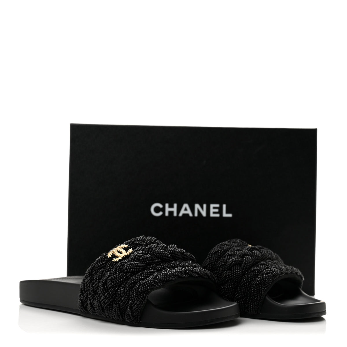 Chanel Lambskin Pearl Beaded Woven Slides 38 Black 10 of 10