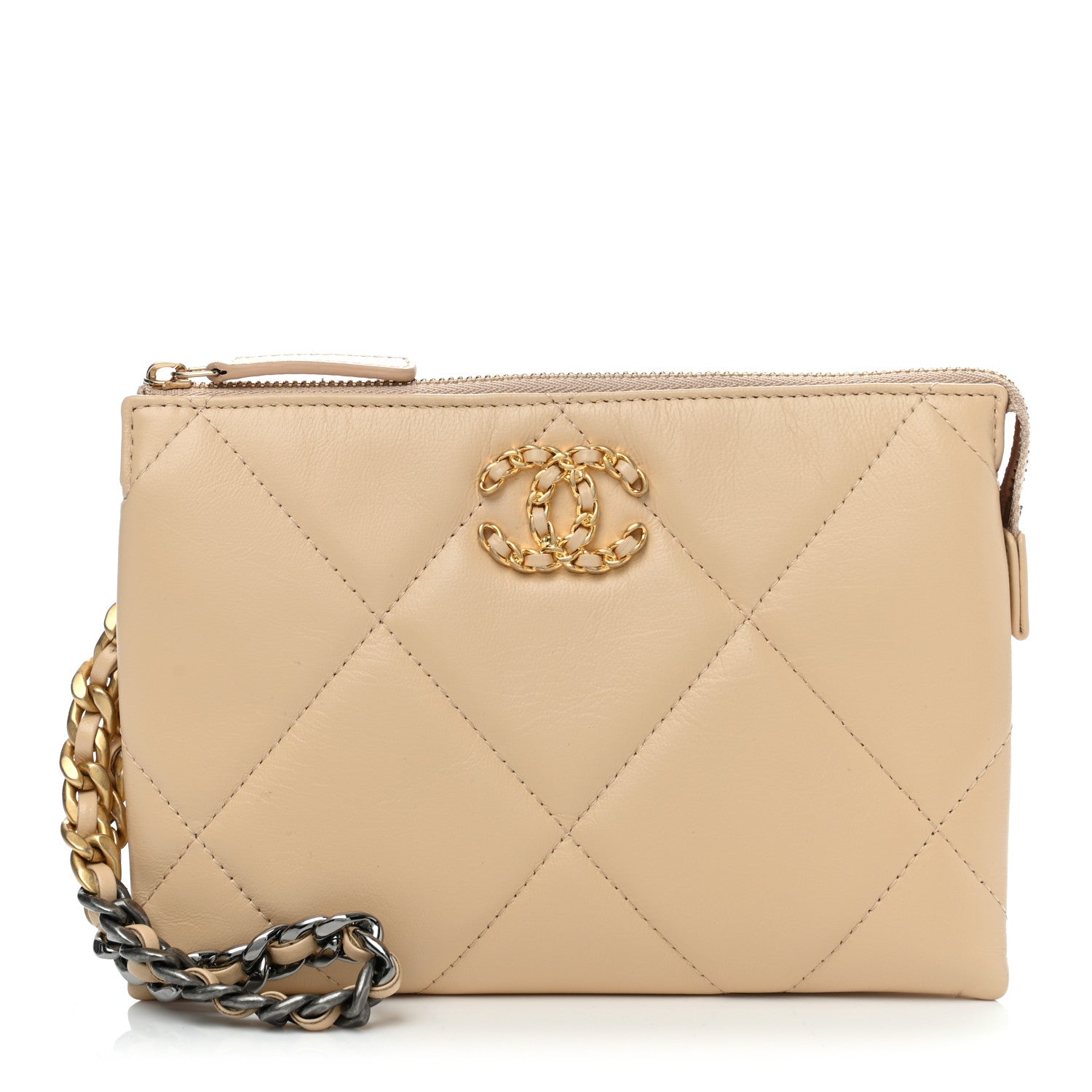 Chanel Shiny Goatskin Quilted Chanel 19 Small Pouch With Handle Beige 1 of 7