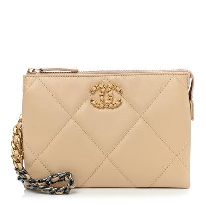 Chanel Shiny Goatskin Quilted Chanel 19 Small Pouch With Handle Beige 1 of 7
