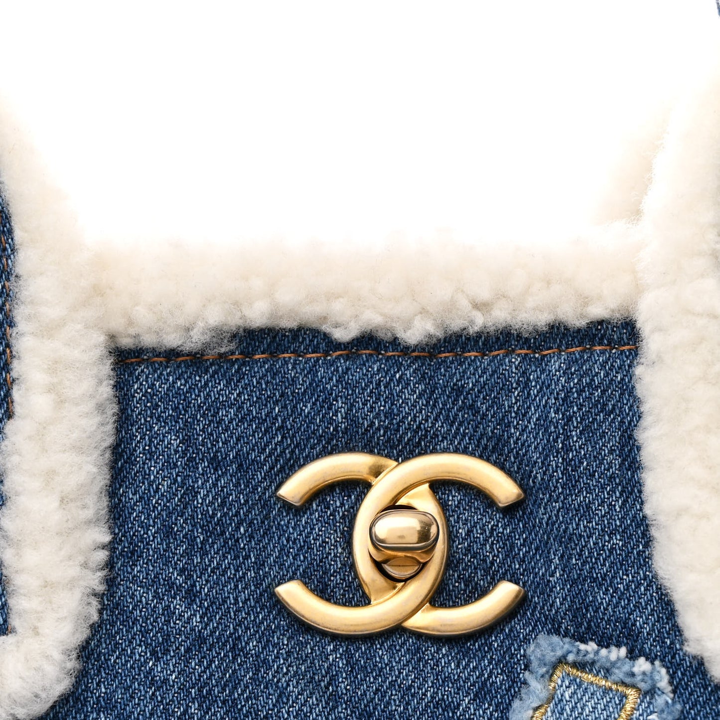 Denim Shearling Hieroglyph Coco Tote Blue
