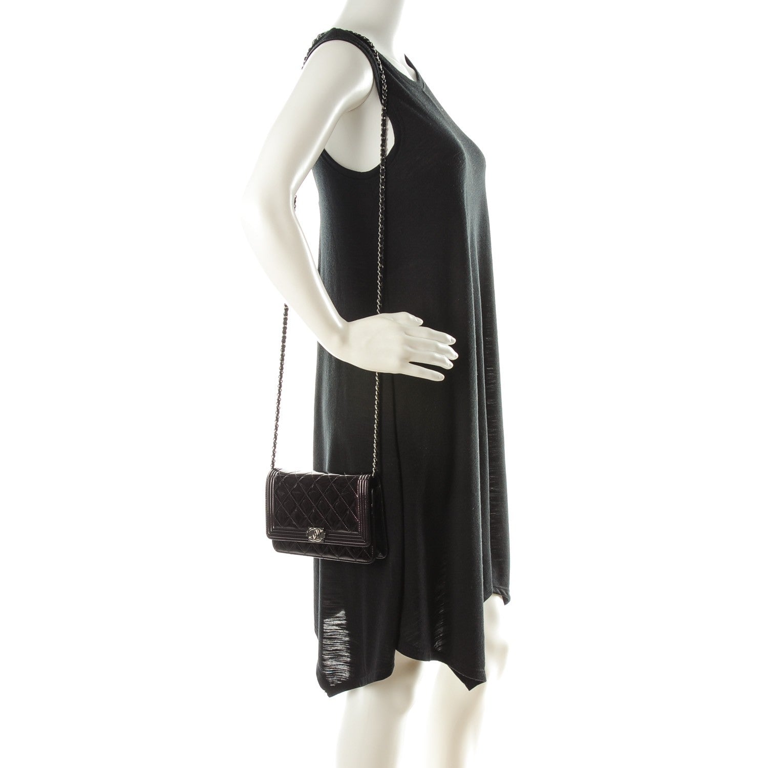 Chanel Patent Calfskin Quilted Boy Wallet On Chain WOC Burgundy Black 2 of 8