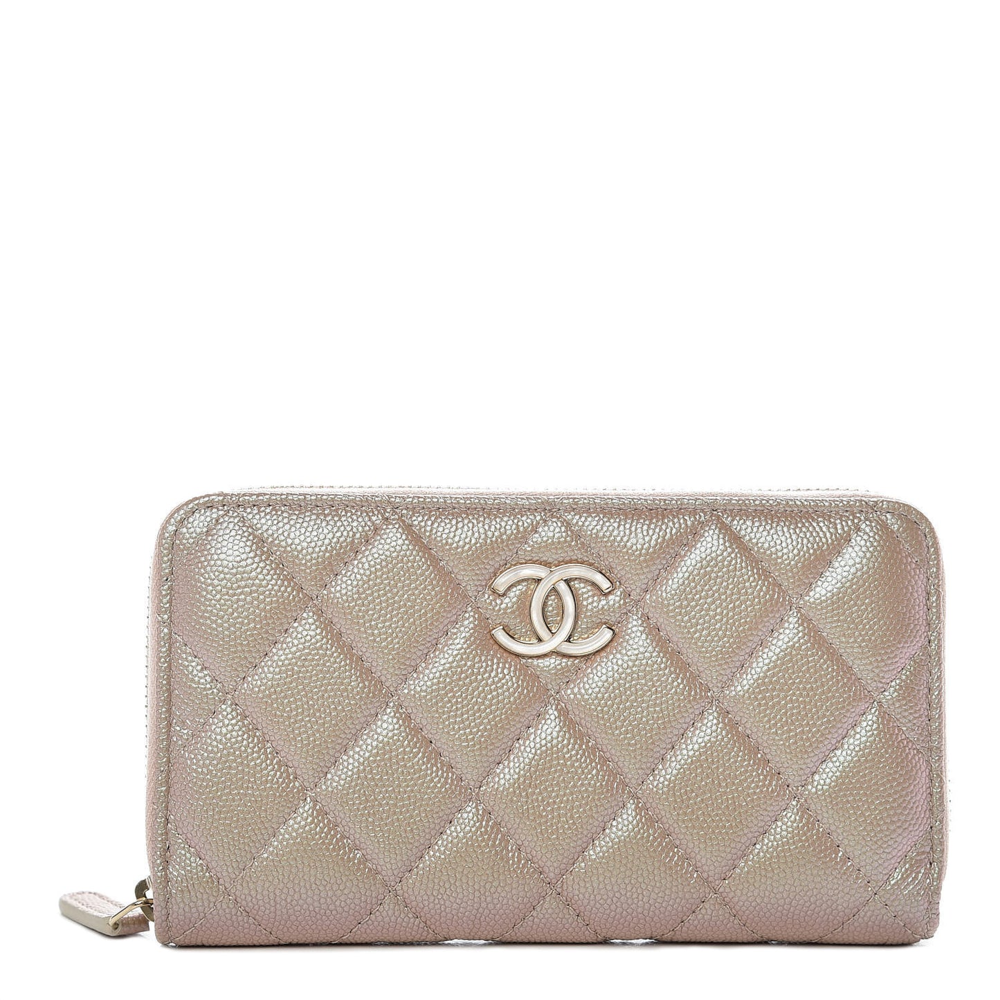 Iridescent Caviar Quilted Medium Zip Around Wallet Beige